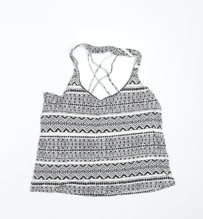 FOREVER 21 Womens Black Geometric Viscose Basic Blouse Size L Round Neck