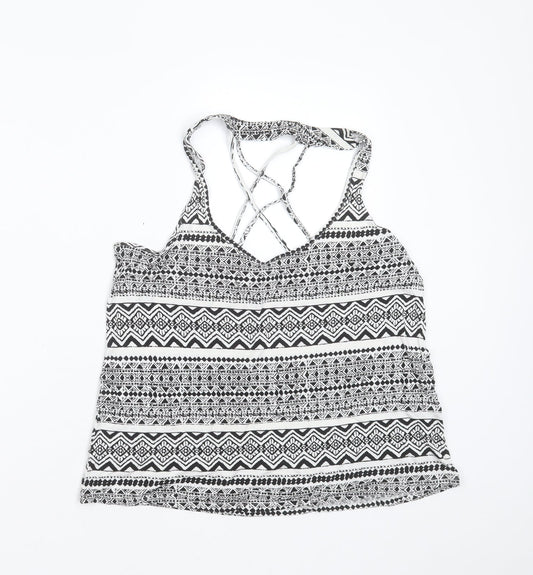 FOREVER 21 Womens Black Geometric Viscose Basic Blouse Size L Round Neck