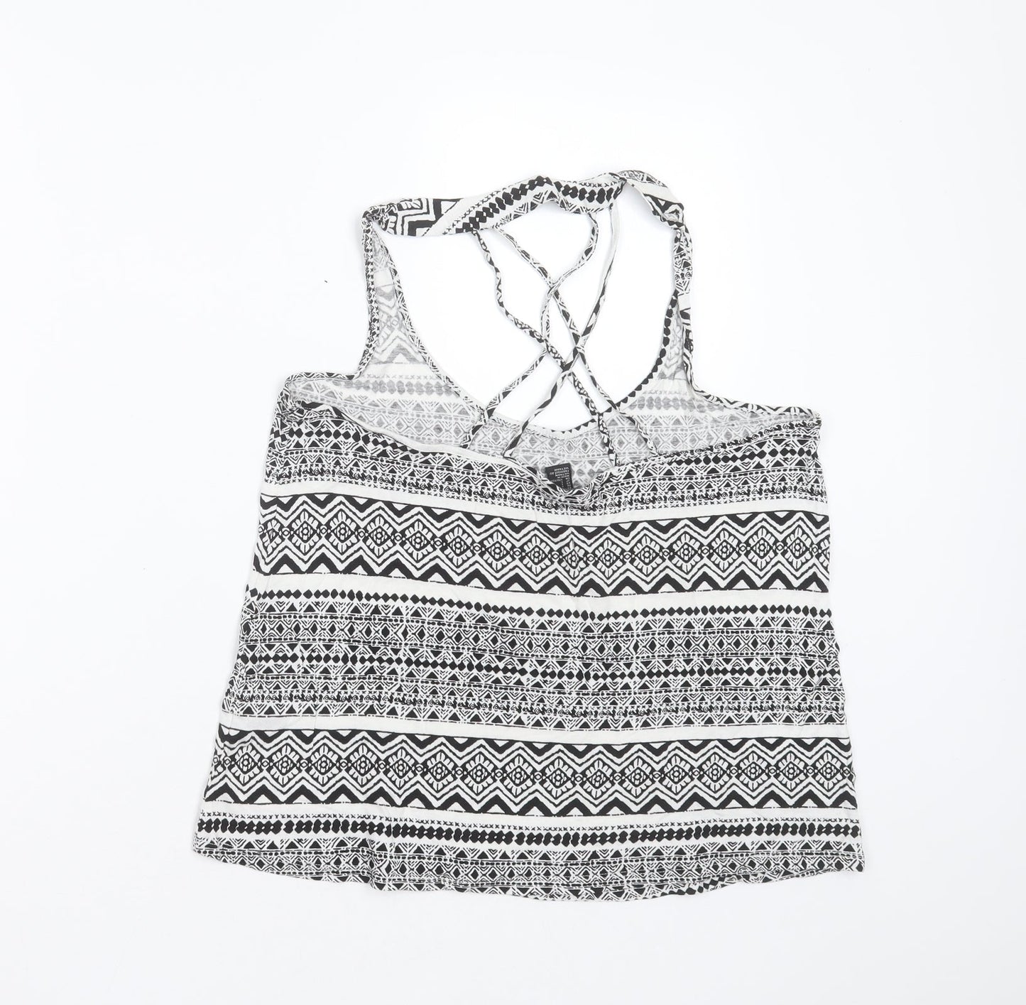 FOREVER 21 Womens Black Geometric Viscose Basic Blouse Size L Round Neck