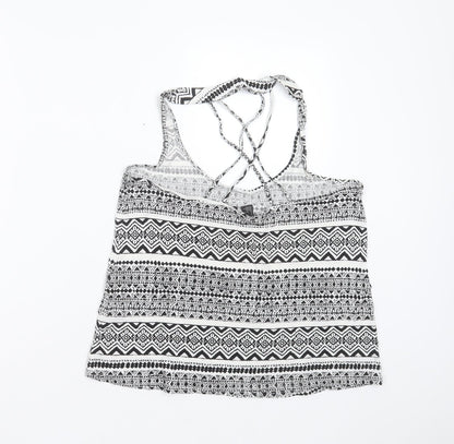 FOREVER 21 Womens Black Geometric Viscose Basic Blouse Size L Round Neck