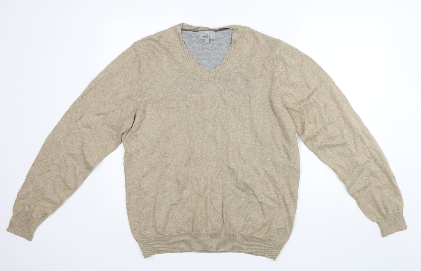 M&S Mens Brown V-Neck  Cotton Pullover Jumper Size L