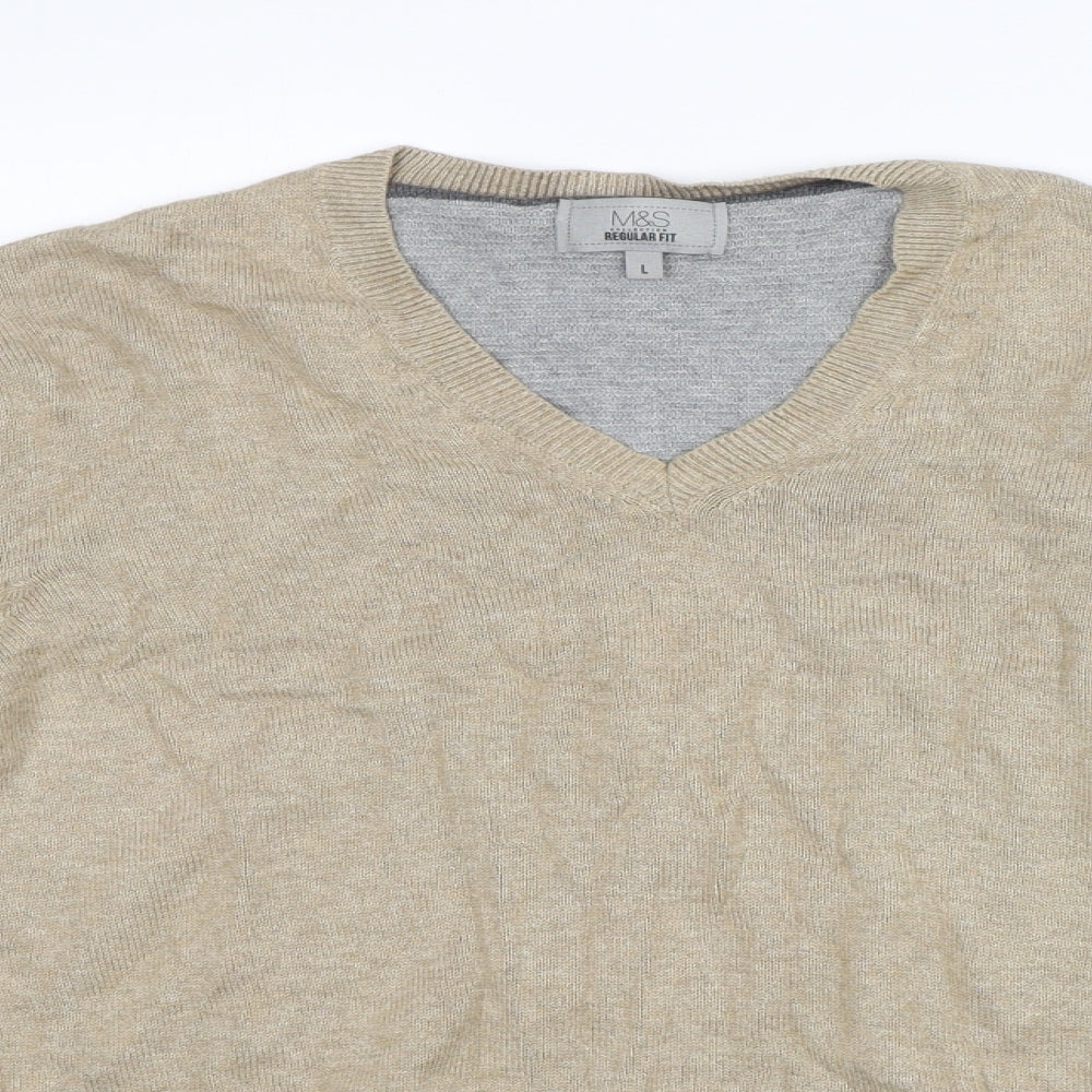 M&S Mens Brown V-Neck  Cotton Pullover Jumper Size L