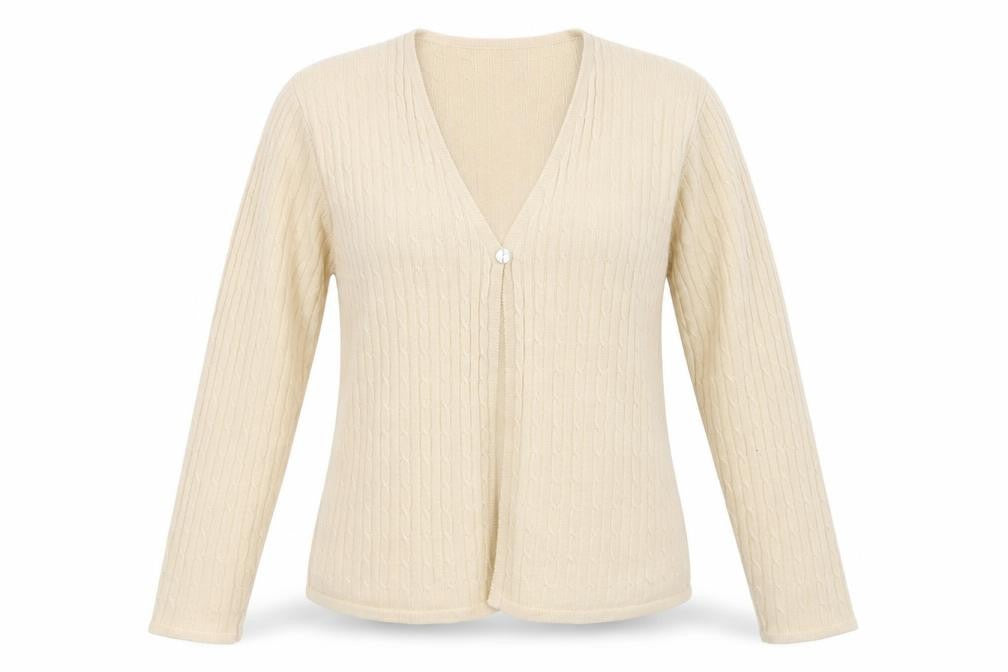 Front view of Carolyn Taylor women’s beige v-neck acrylic cardigan jumper, size L