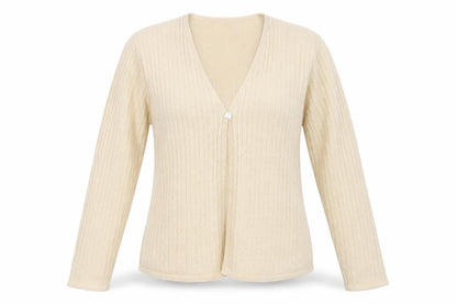 Front view of Carolyn Taylor women’s beige v-neck acrylic cardigan jumper, size L