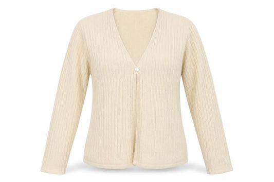 Front view of Carolyn Taylor women’s beige v-neck acrylic cardigan jumper, size L