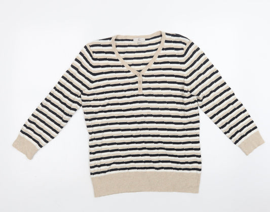 CC Womens Beige V-Neck Geometric Viscose Henley Jumper Size M