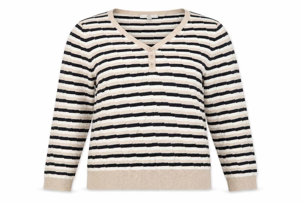 Front view of Country Casuals women’s beige v-neck geometric viscose henley jumper, size M
