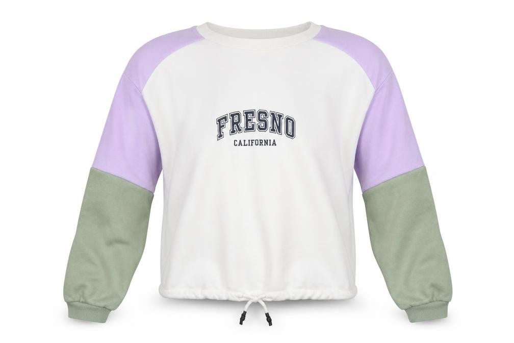 Front view of H&M women’s multicoloured colourblock cotton pullover sweatshirt, size XS, pullover - fresno california