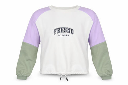 Front view of H&M women’s multicoloured colourblock cotton pullover sweatshirt, size XS, pullover - fresno california