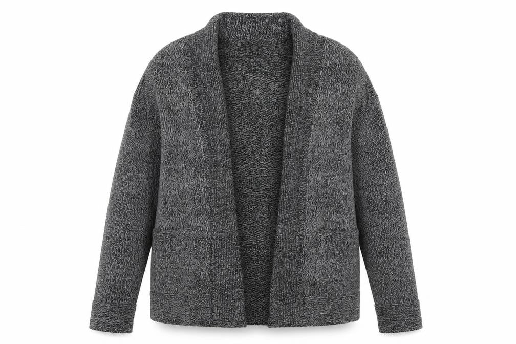 Front view of Plum Tree women’s grey v-neck acrylic cardigan jumper, size L