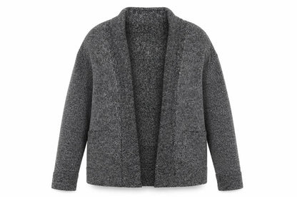 Front view of Plum Tree women’s grey v-neck acrylic cardigan jumper, size L