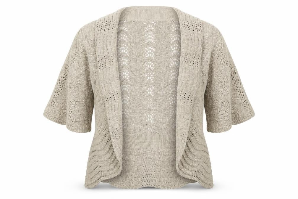 Front view of M&Co women’s beige v-neck cotton cardigan jumper, size M