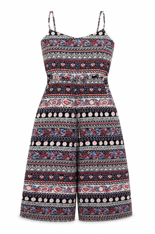 Front view of New Look women’s multicoloured geometric viscose jumpsuit one-piece, size UK 4, 13-inch leg zip
