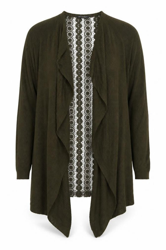 Front view of Miss Selfridge women’s green round neck acrylic cardigan jumper, size S, - lace back detail
