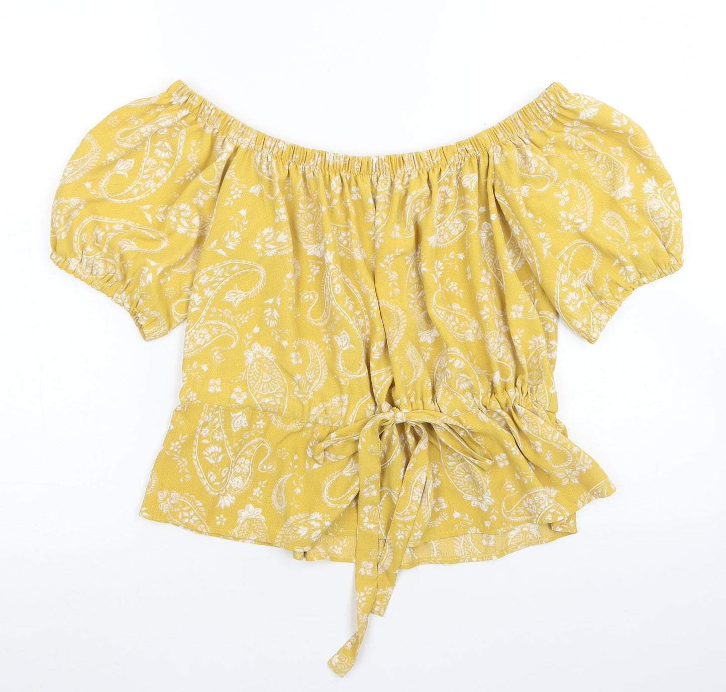 Primark Womens Yellow Paisley Polyester Basic Blouse Size 6 Off the Shoulder