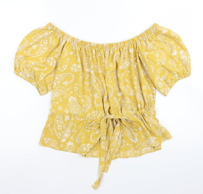 Primark Womens Yellow Paisley Polyester Basic Blouse Size 6 Off the Shoulder