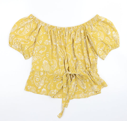 Primark Womens Yellow Paisley Polyester Basic Blouse Size 6 Off the Shoulder