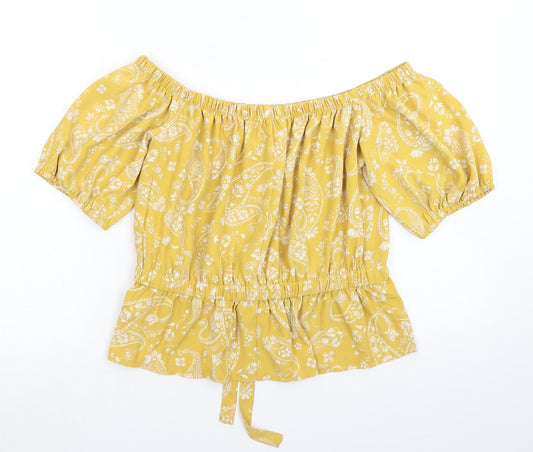 Primark Womens Yellow Paisley Polyester Basic Blouse Size 6 Off the Shoulder
