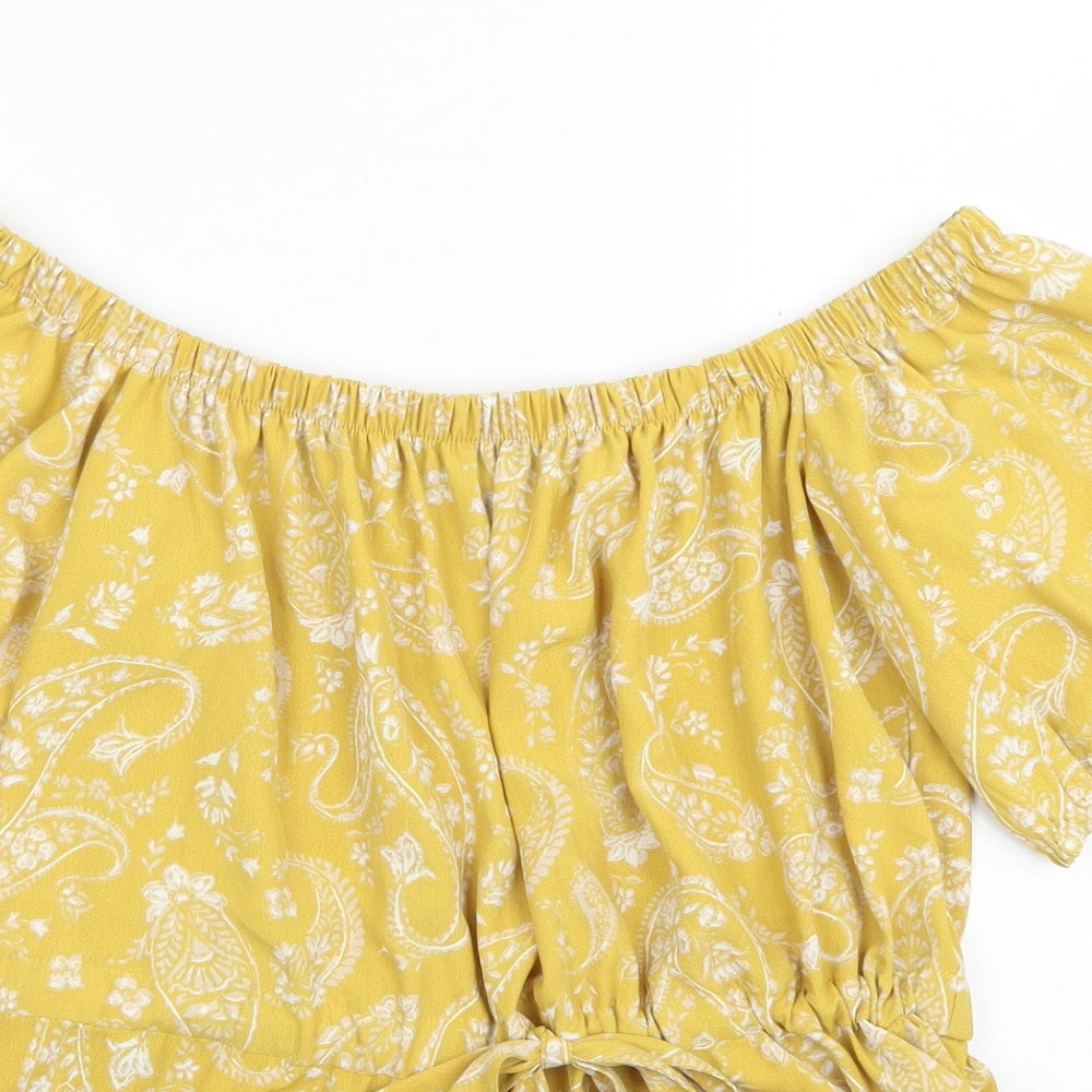 Primark Womens Yellow Paisley Polyester Basic Blouse Size 6 Off the Shoulder