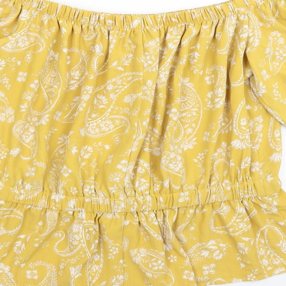 Primark Womens Yellow Paisley Polyester Basic Blouse Size 6 Off the Shoulder