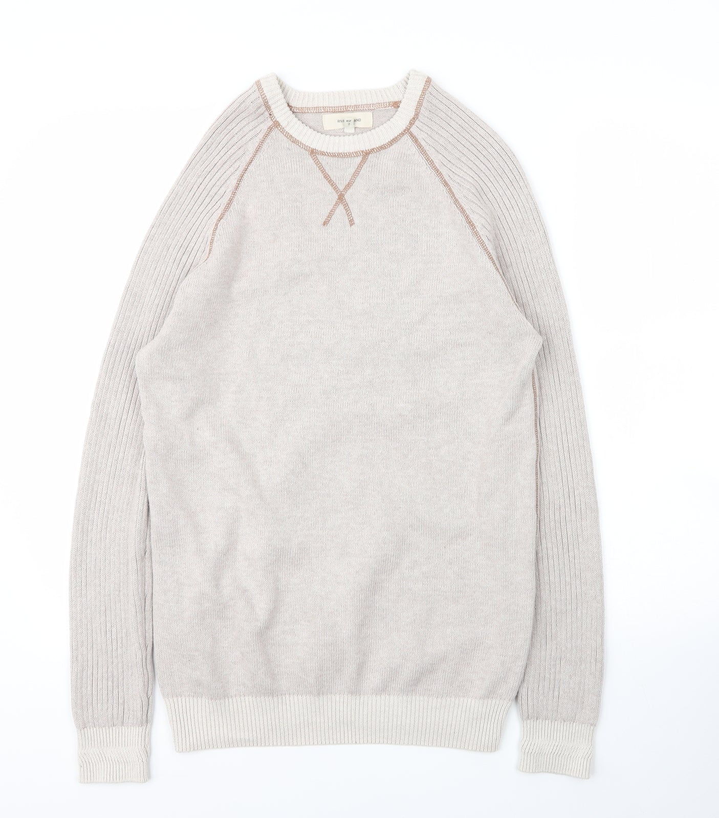 River Island Mens Beige Round Neck  Cotton Pullover Jumper Size S