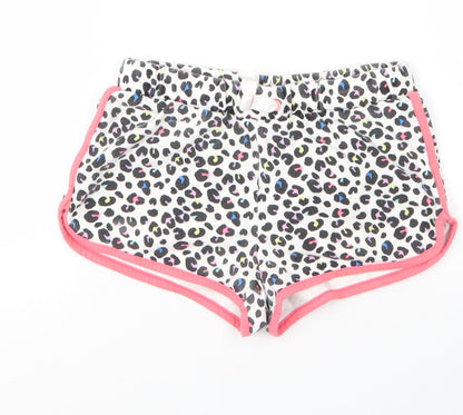 M&S Girls White Animal Print Cotton Cut-Off Shorts Size 8 Years  Regular Drawstring - Leopard print
