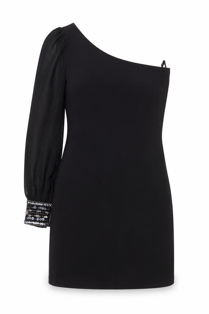 Front view of Jane Norman women’s black cotton sheath, size UK 6, off the shoulder
