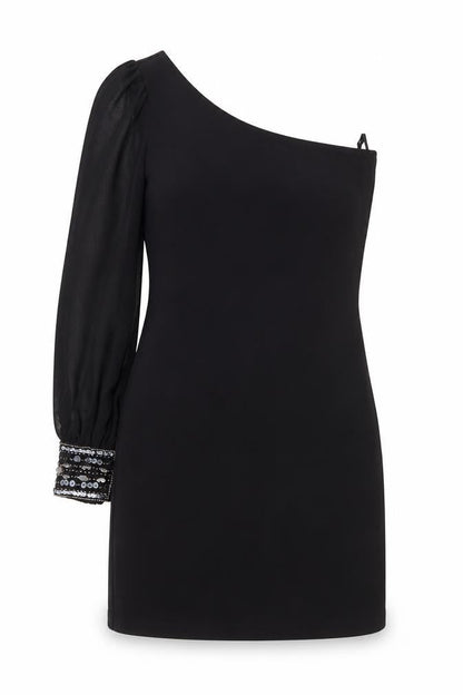 Front view of Jane Norman women’s black cotton sheath, size UK 6, off the shoulder