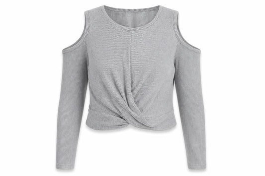 Front view of Miss Selfridge women’s grey round neck polyester jumper, size UK 14