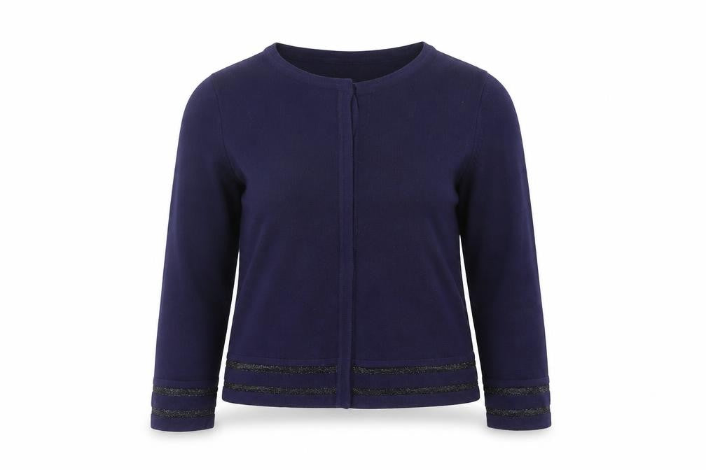 Front view of Papaya women’s blue round neck striped viscose cardigan jumper, size UK 10
