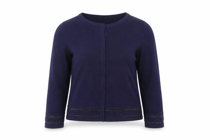 Front view of Papaya women’s blue round neck striped viscose cardigan jumper, size UK 10
