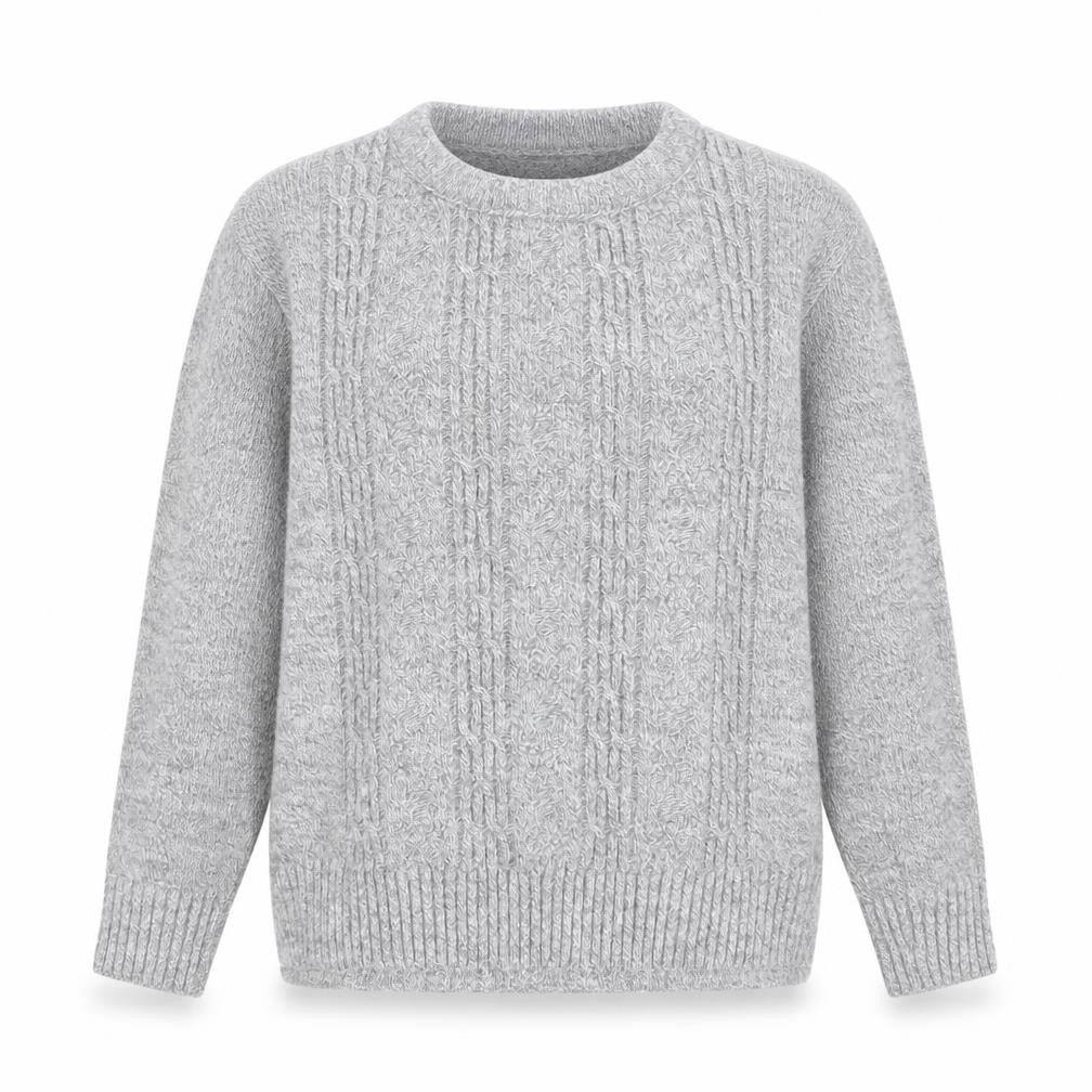 Front view of Choice Collection women’s grey round neck striped acrylic jumper, size S