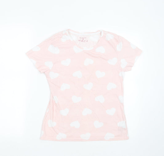 Primark Womens Pink  Cotton Basic T-Shirt Size 6 Round Neck - Heart pattern