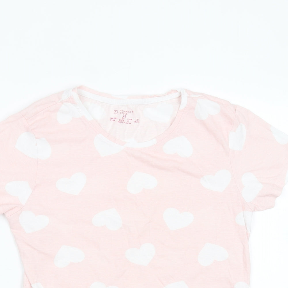 Primark Womens Pink  Cotton Basic T-Shirt Size 6 Round Neck - Heart pattern