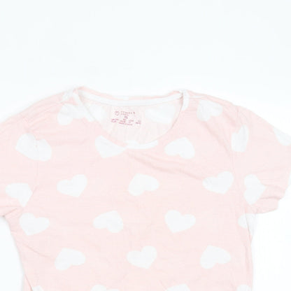 Primark Womens Pink  Cotton Basic T-Shirt Size 6 Round Neck - Heart pattern