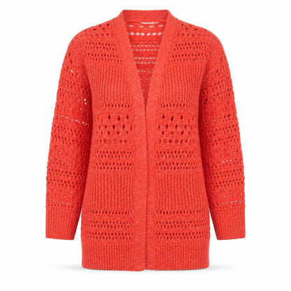 Front view of Papaya women’s red v-neck striped polyester cardigan jumper, size S