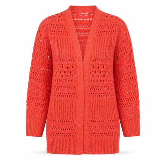 Front view of Papaya women’s red v-neck striped polyester cardigan jumper, size S