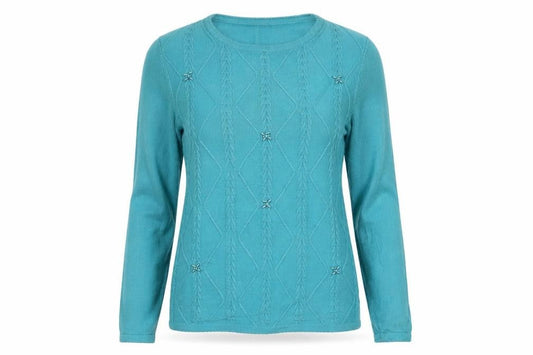 Front view of Bonmarché women’s blue round neck geometric acrylic jumper, size S, - beaded