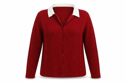Front view of Jumper women’s red collared acrylic cardigan jumper, size M