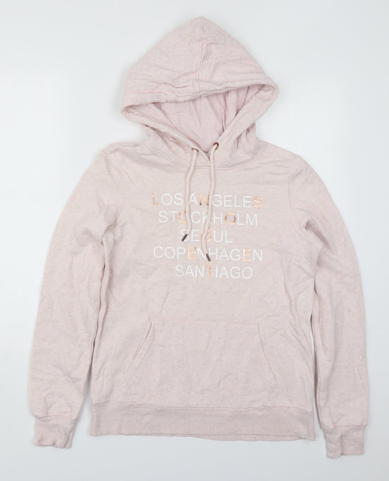 H&M Womens Pink  Cotton Pullover Hoodie Size S  Pullover - Los Angeles Stockholm Seoul Copenhagen Santiago