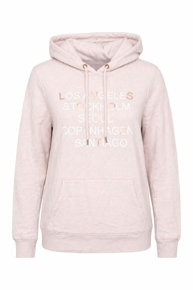 Front view of H&M women’s pink cotton pullover hoodie, size S, pullover - los angeles stockholm seoul copenhagen santiago