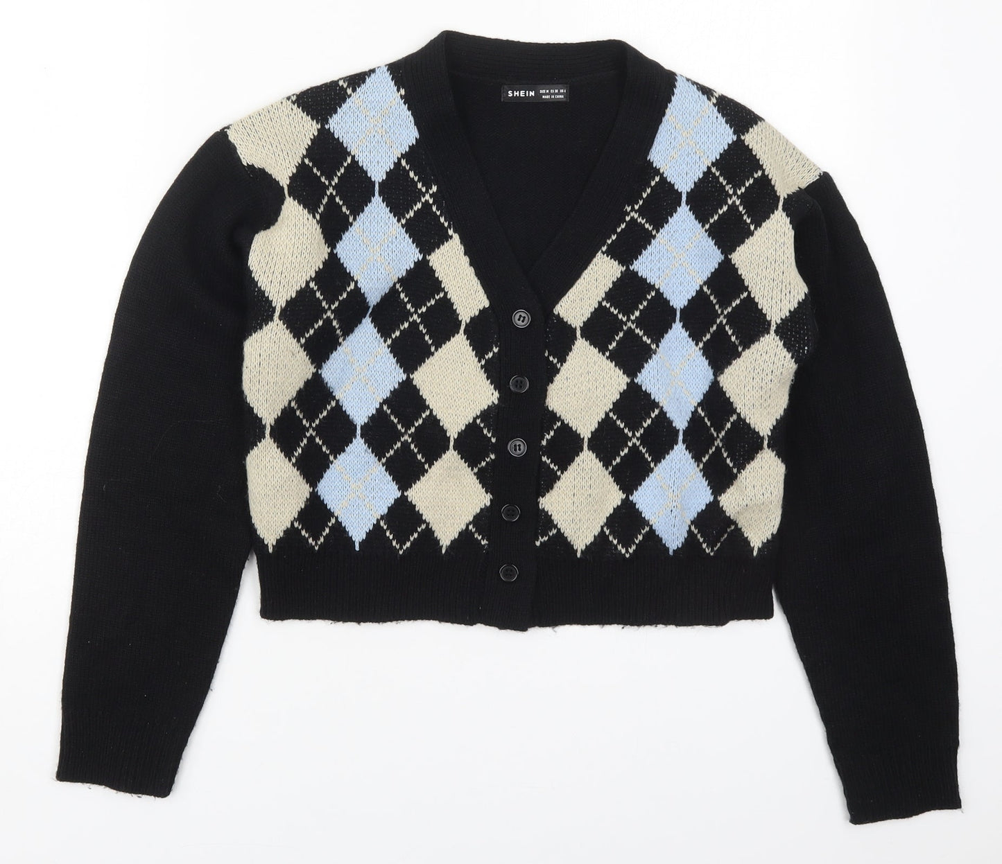 SheIn Womens Multicoloured V-Neck Argyle/Diamond Acrylic Cardigan Jumper Size M