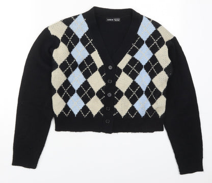SheIn Womens Multicoloured V-Neck Argyle/Diamond Acrylic Cardigan Jumper Size M