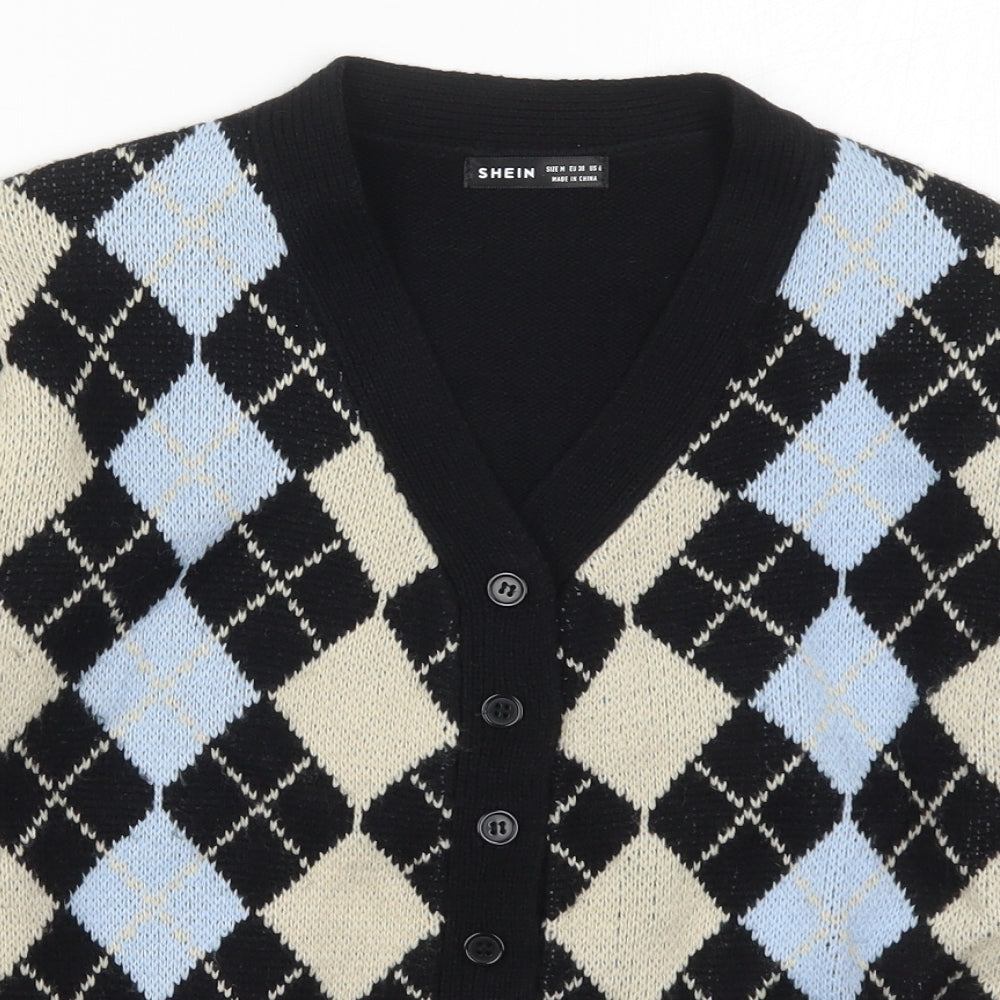 SheIn Womens Multicoloured V-Neck Argyle/Diamond Acrylic Cardigan Jumper Size M