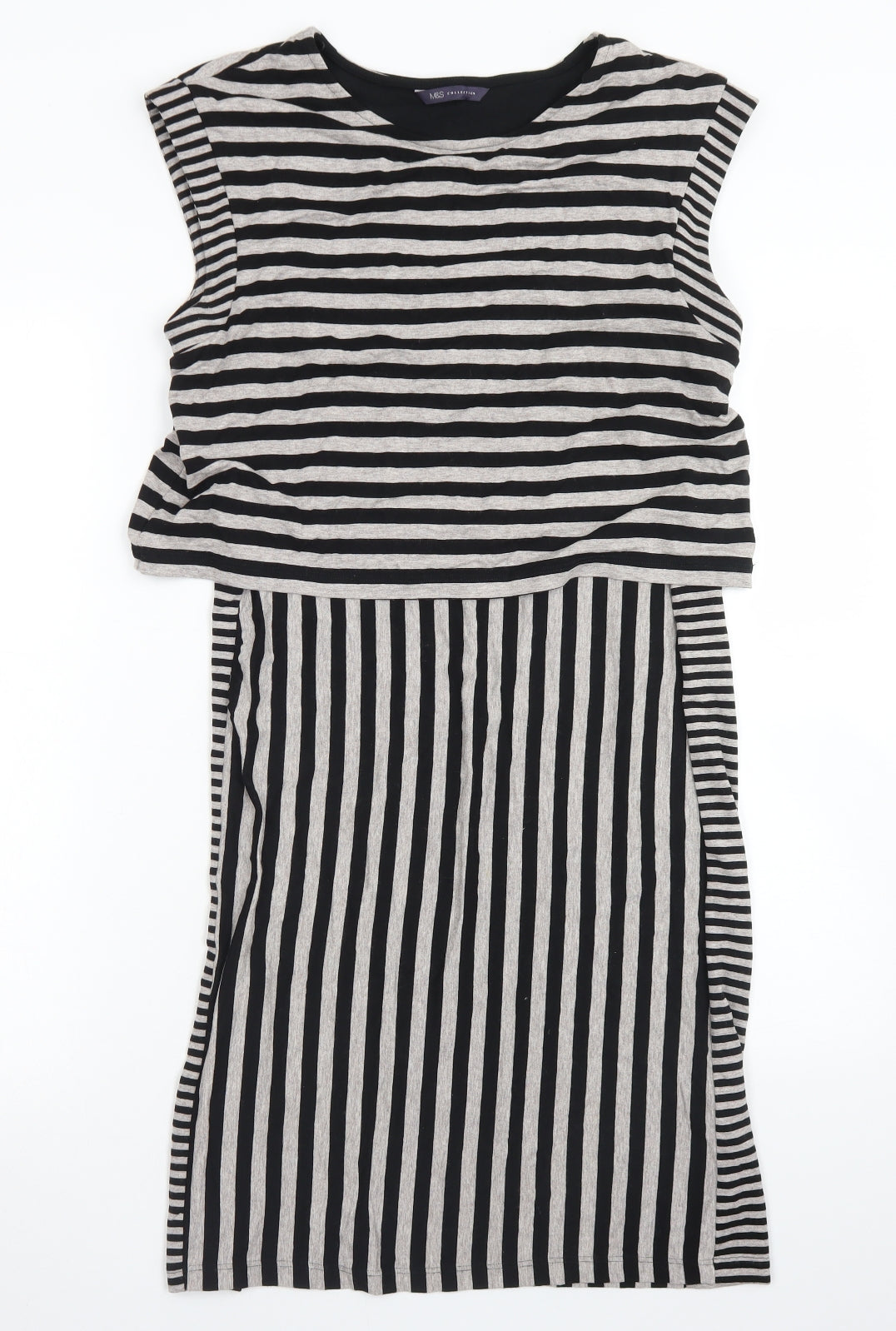 M&S Womens Grey Striped Viscose Skater Dress  Size 12  Crew Neck