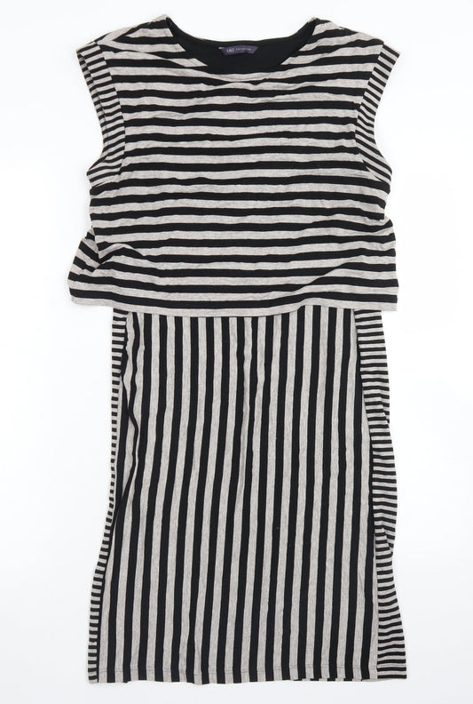 M&S Womens Grey Striped Viscose Skater Dress  Size 12  Crew Neck