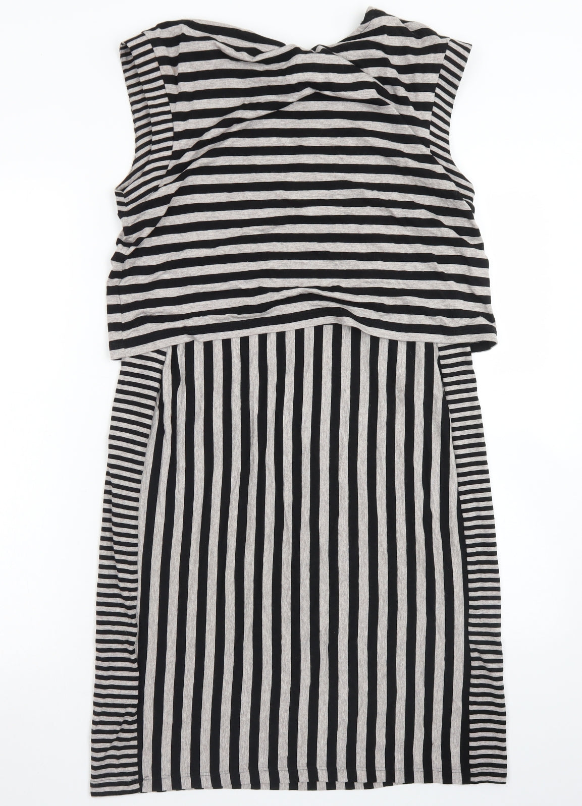 M&S Womens Grey Striped Viscose Skater Dress  Size 12  Crew Neck