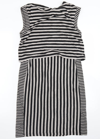 M&S Womens Grey Striped Viscose Skater Dress  Size 12  Crew Neck