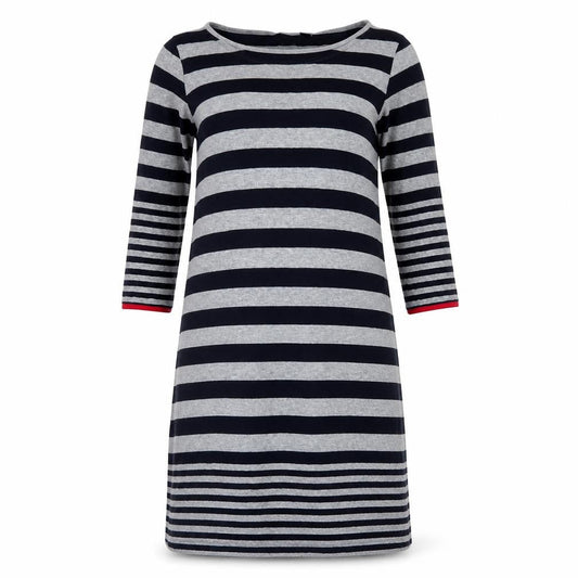 Front view of Autograph women’s grey striped viscose a-line, size UK 12, round neck
