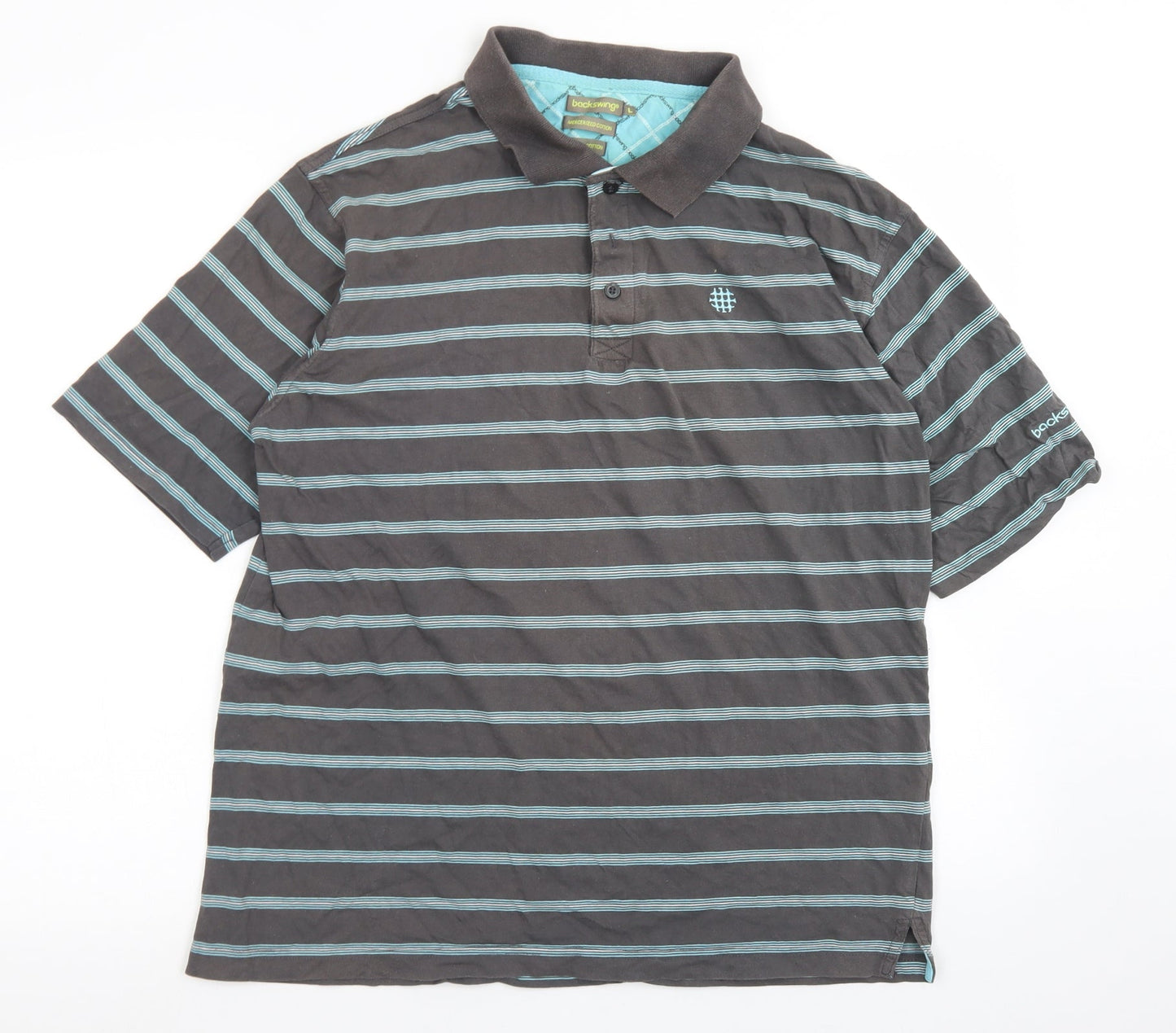 Backswing Mens Grey Striped Cotton  Polo Size L Collared Button - Mergerized Cotton